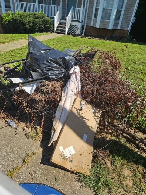 Yard debris pile before removal with branches, bags, and loose material at the curb